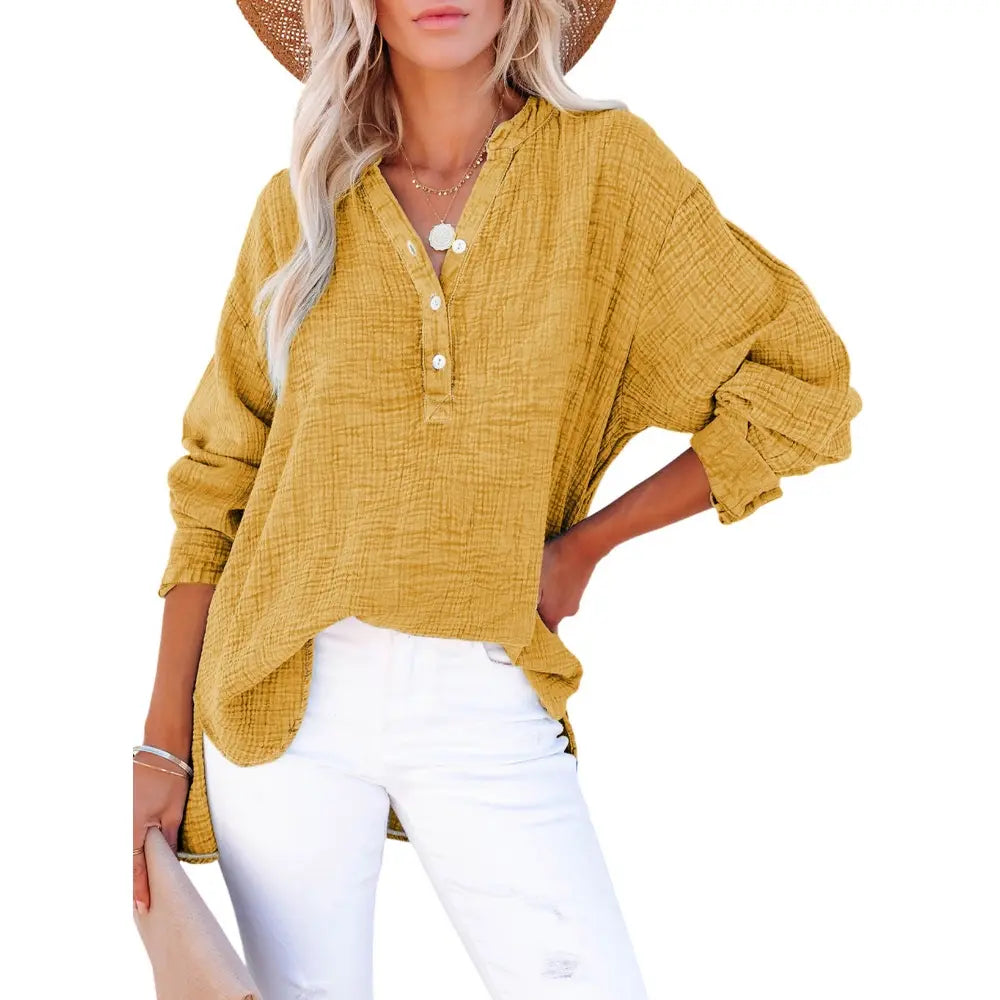 Dokotoo Womens Casual Button V Neck Long Sleeve Shirts Oversized Solid Blouses Tops