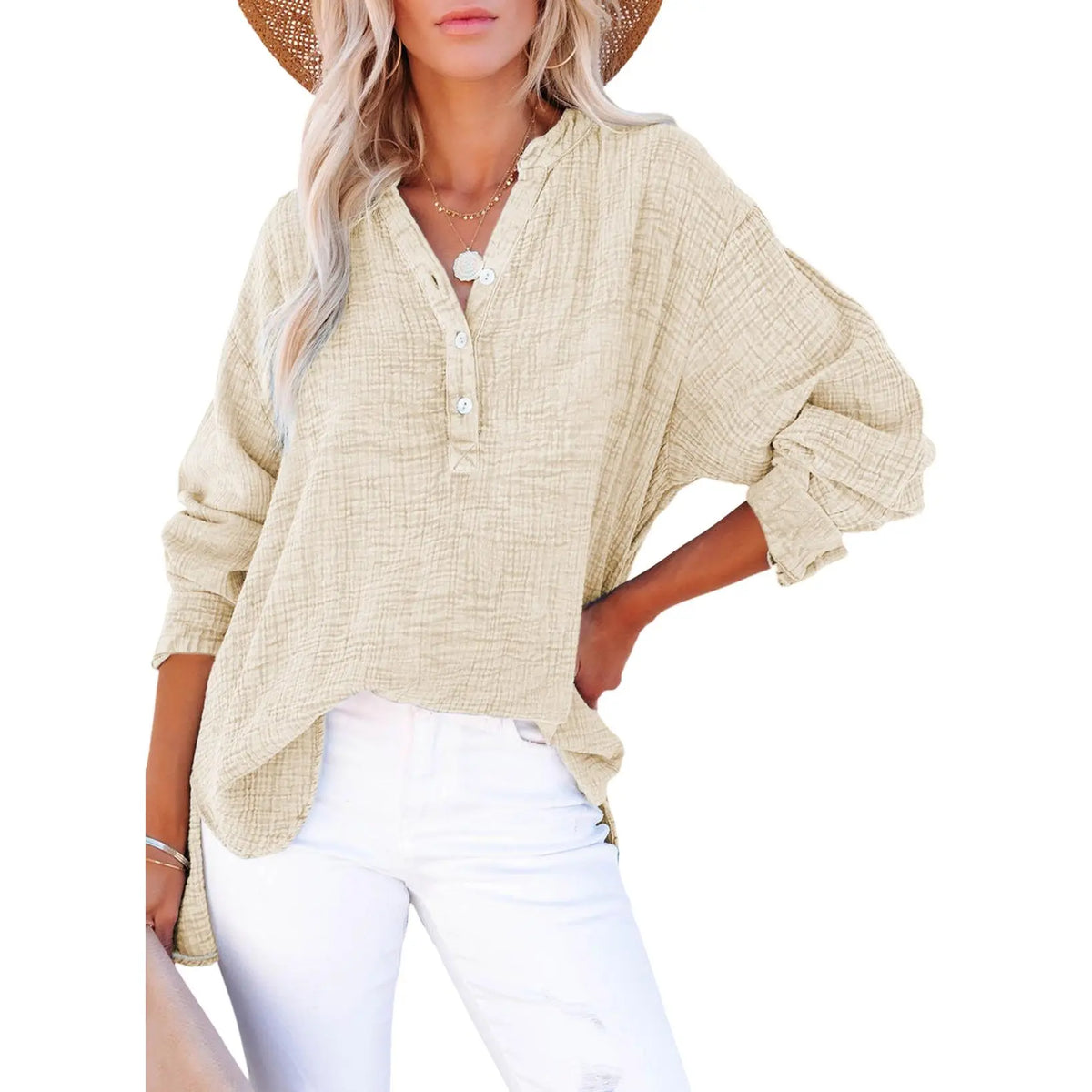 Dokotoo Womens Casual Button V Neck Long Sleeve Shirts Oversized Solid Blouses Tops
