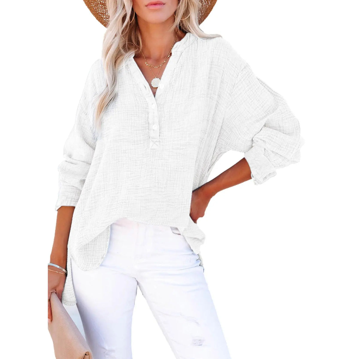 Dokotoo Womens Casual Button V Neck Long Sleeve Shirts Oversized Solid Blouses Tops