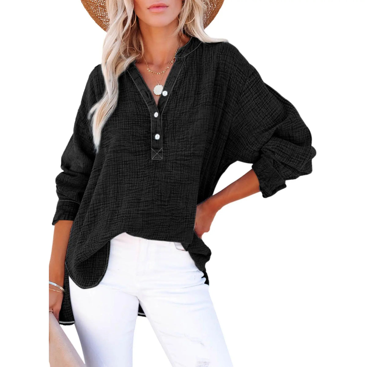 Dokotoo Womens Casual Button V Neck Long Sleeve Shirts Oversized Solid Blouses Tops