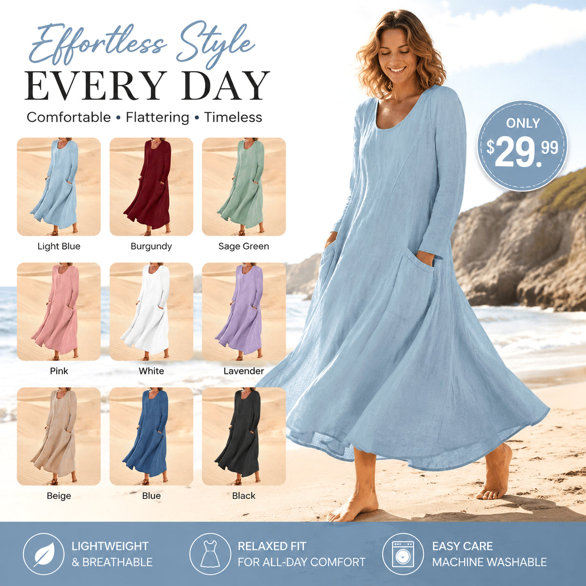 Women's Solid Color Long Sleeve Dress