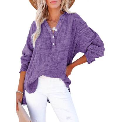 Dokotoo Womens Casual Button V Neck Long Sleeve Shirts Oversized Solid Blouses Tops