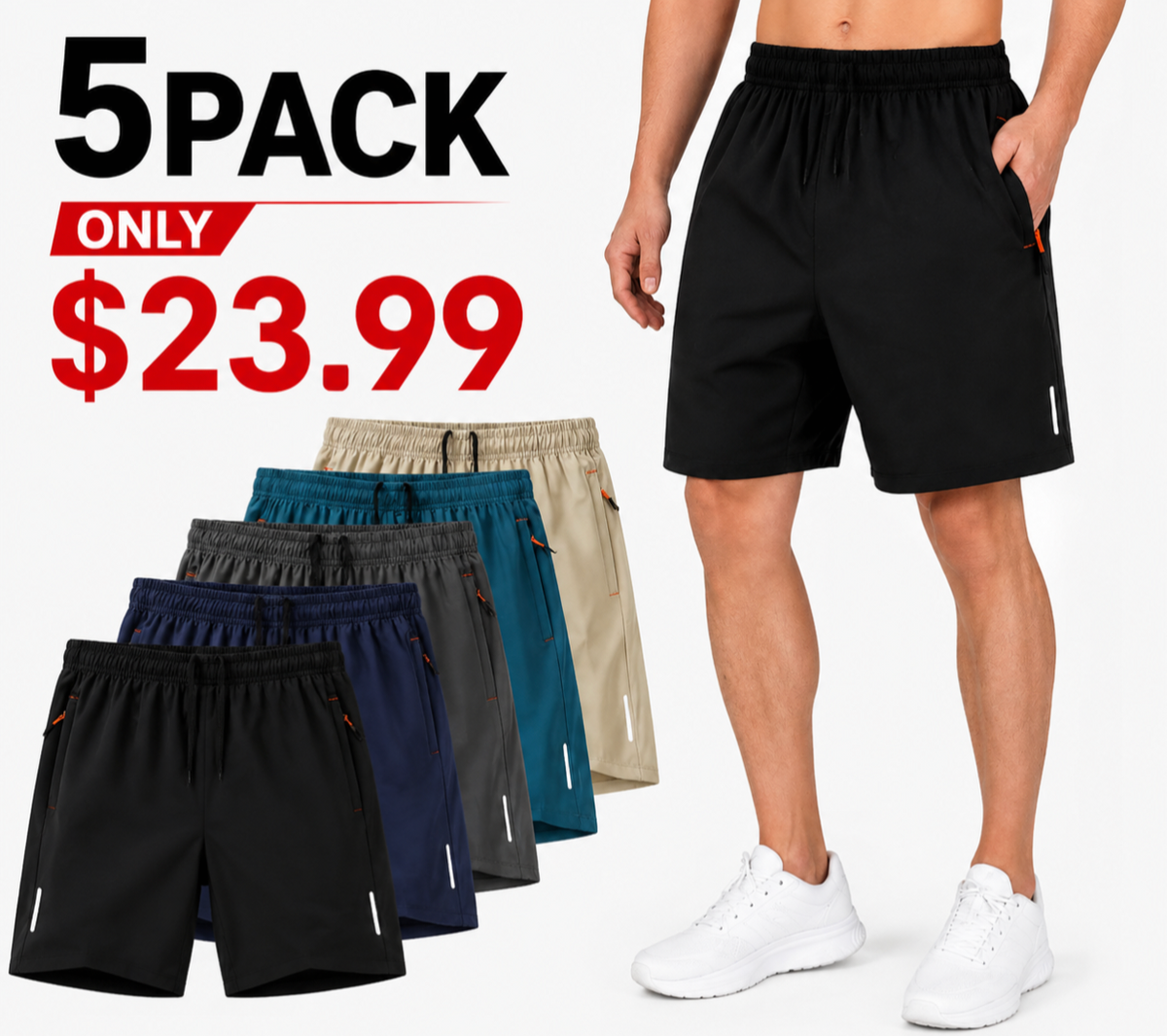 Men's 5-Pack  Dry-Fit Gym Shorts with Zipper Pockets ⭐⭐⭐⭐⭐