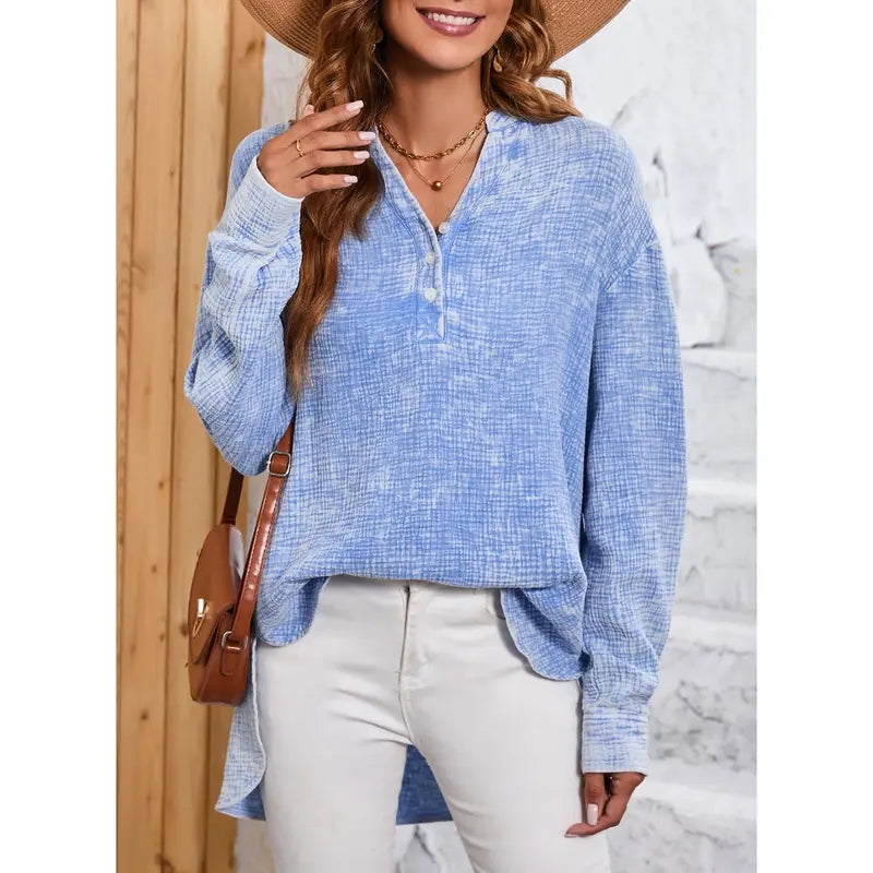 Dokotoo Womens Casual Button V Neck Long Sleeve Shirts Oversized Solid Blouses Tops